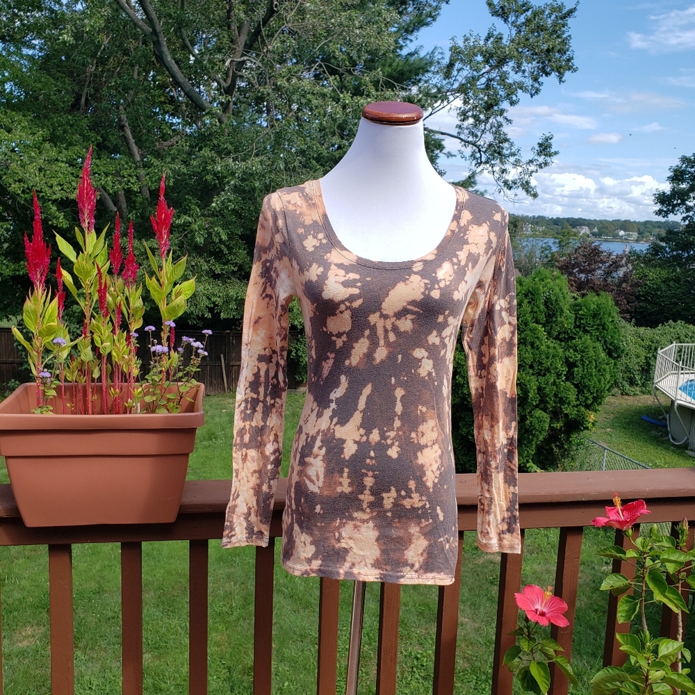 Tee Long Sleeved Tie Dye Grey Cream Sz M Bleach Reverse - Picture 10 of 12